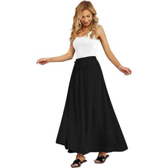 Women's Flowy Maxi Skirt Pleated High Waisted Black - Picture 1 of 4